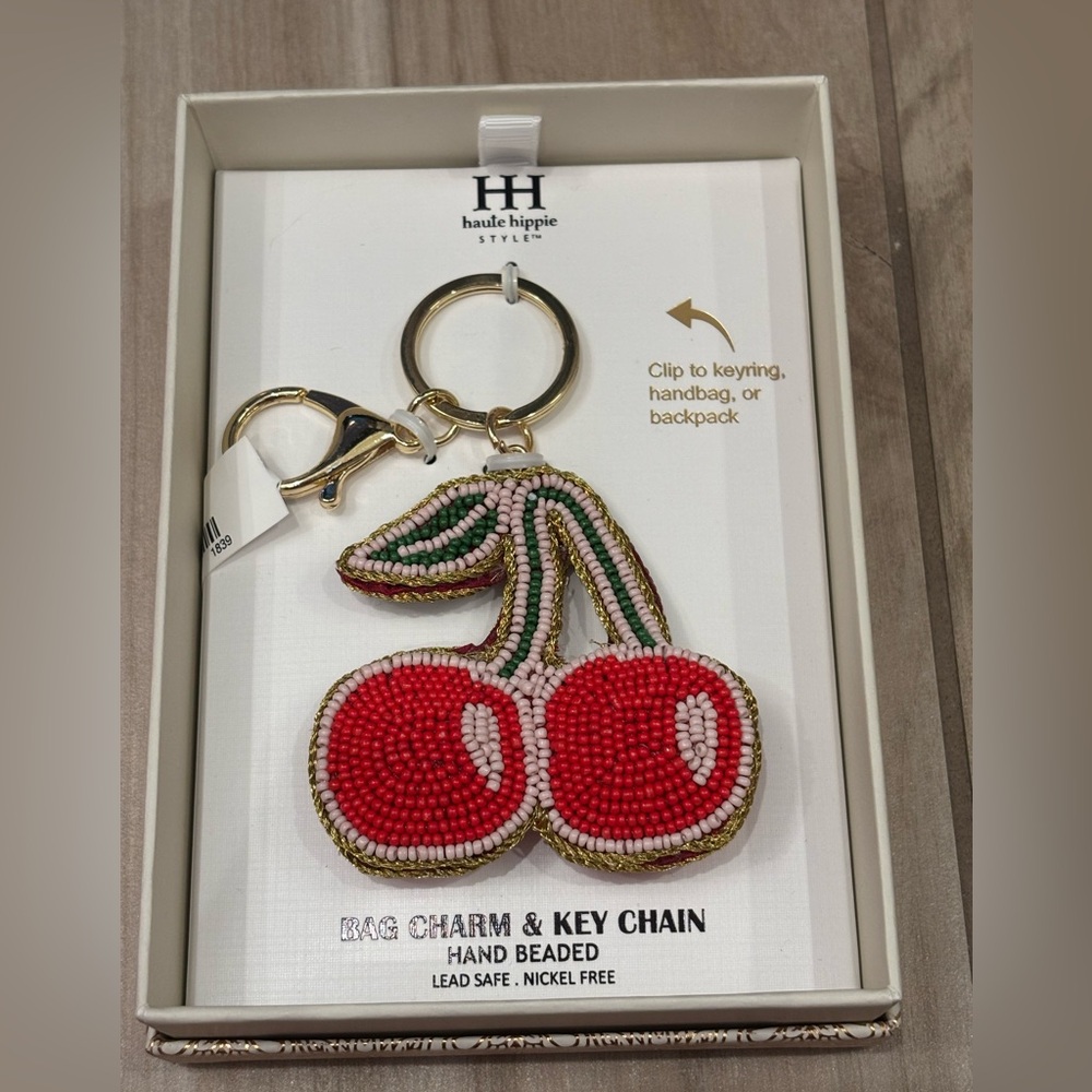 NIB Haute Hippie Cherry Beaded Keychain / bag charm